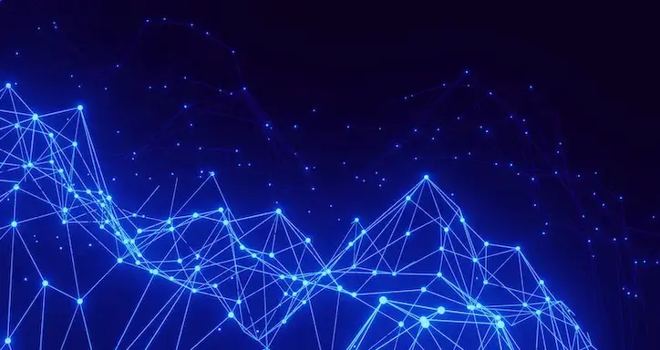 Digital network visualization with glowing blue connection lines and nodes on dark background